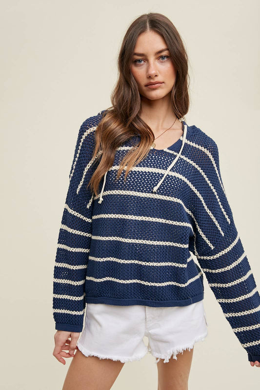 Striped Hooded Open Knit Sweater