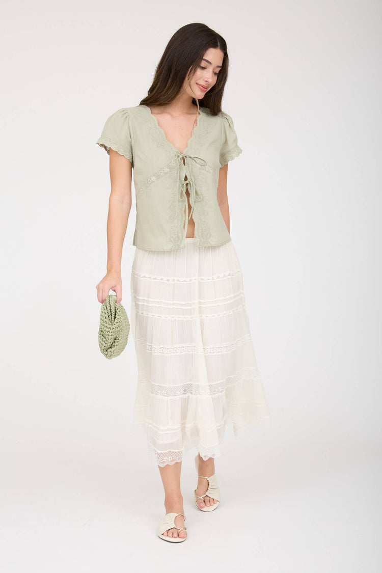 SCALLOPED EMBROIDERED FRONT TIE LACE TRIM TOP