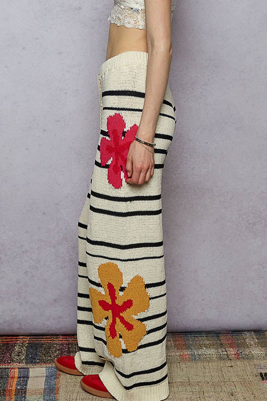 Floral pattern striped chenille sweater pants