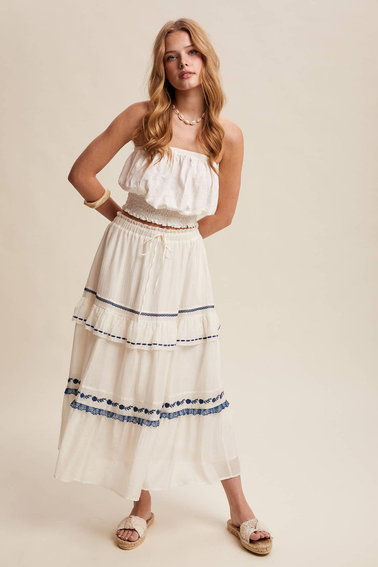 Embroidered Tiered Maxi Skirt