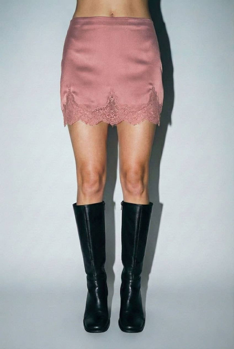 Lace Trim Satin Mini Skirt