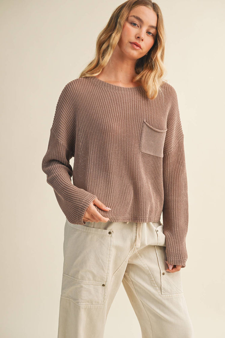 FRONT-POCKET PURL KNIT SWEATER TOP