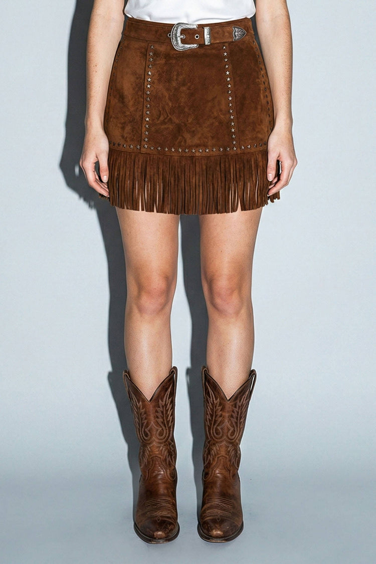 Vegan Suede Star Fringe Mini Skirt