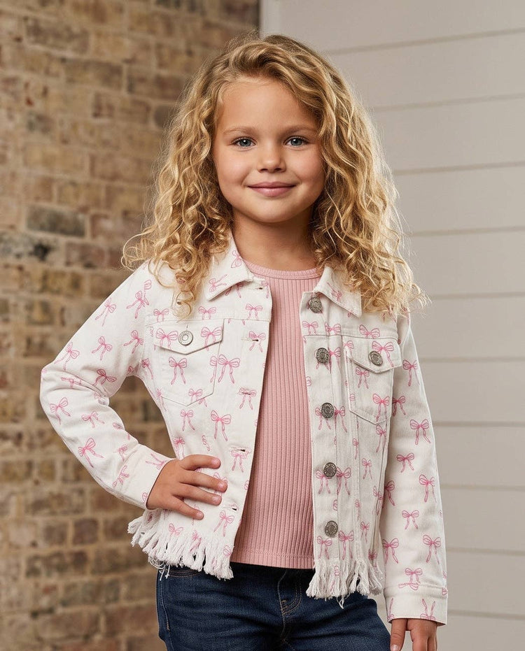 Coquette Pink Bow White Fringe Button Denim Jacket