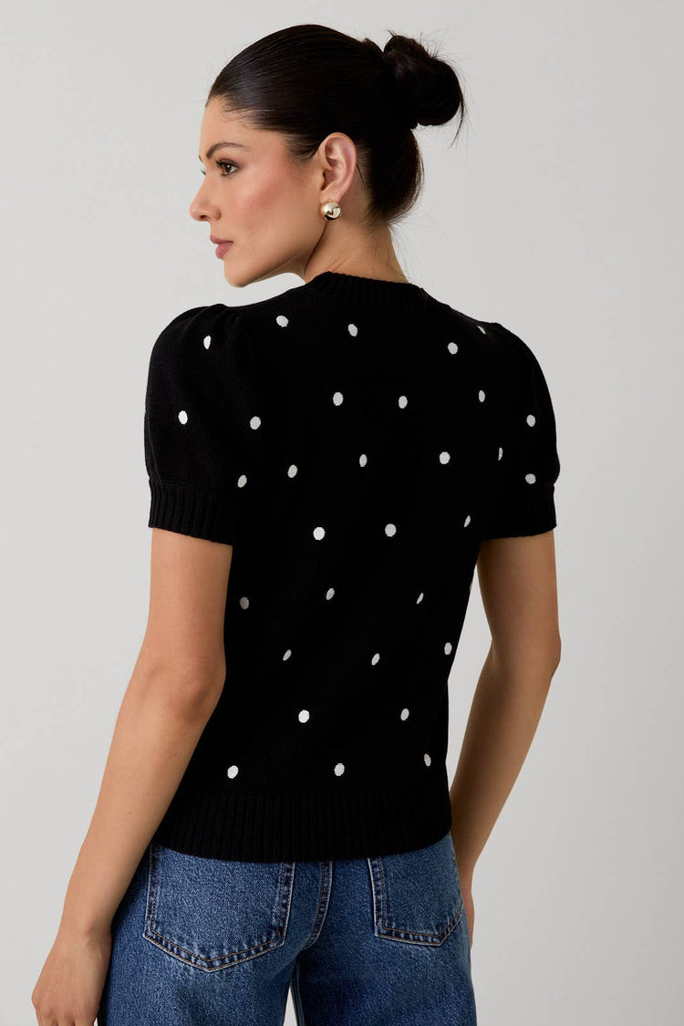 Embroidered Polka Dot Short Puff Sleeve Knit Sweater