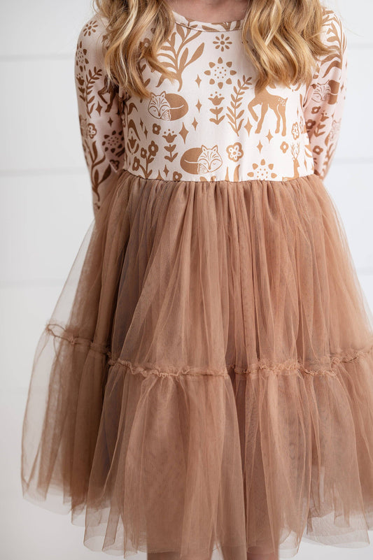 Kids Fall Winter Woodland Deer Tulle Ruffle Sleeve Dress