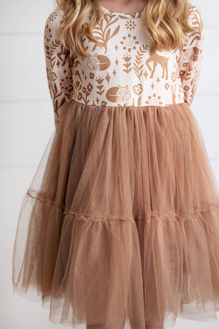 Kids Fall Winter Woodland Deer Tulle Ruffle Sleeve Dress