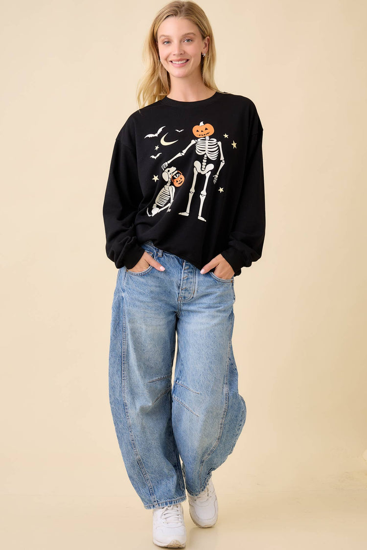 Halloween Pumpkin Skeleton Printed Graphic Crewneck