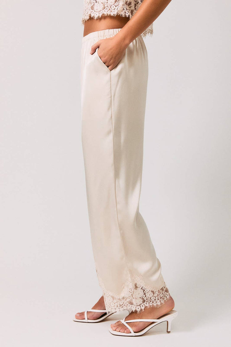 ELASTIC WAIST LACE TRIM WIDE LEG PANTS