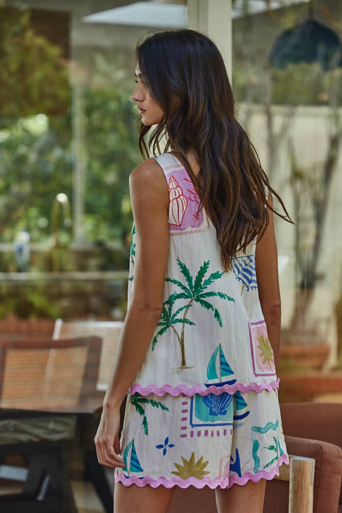 Le Soleil Woven Rayon Nylon Print Detail Sleeveless Top