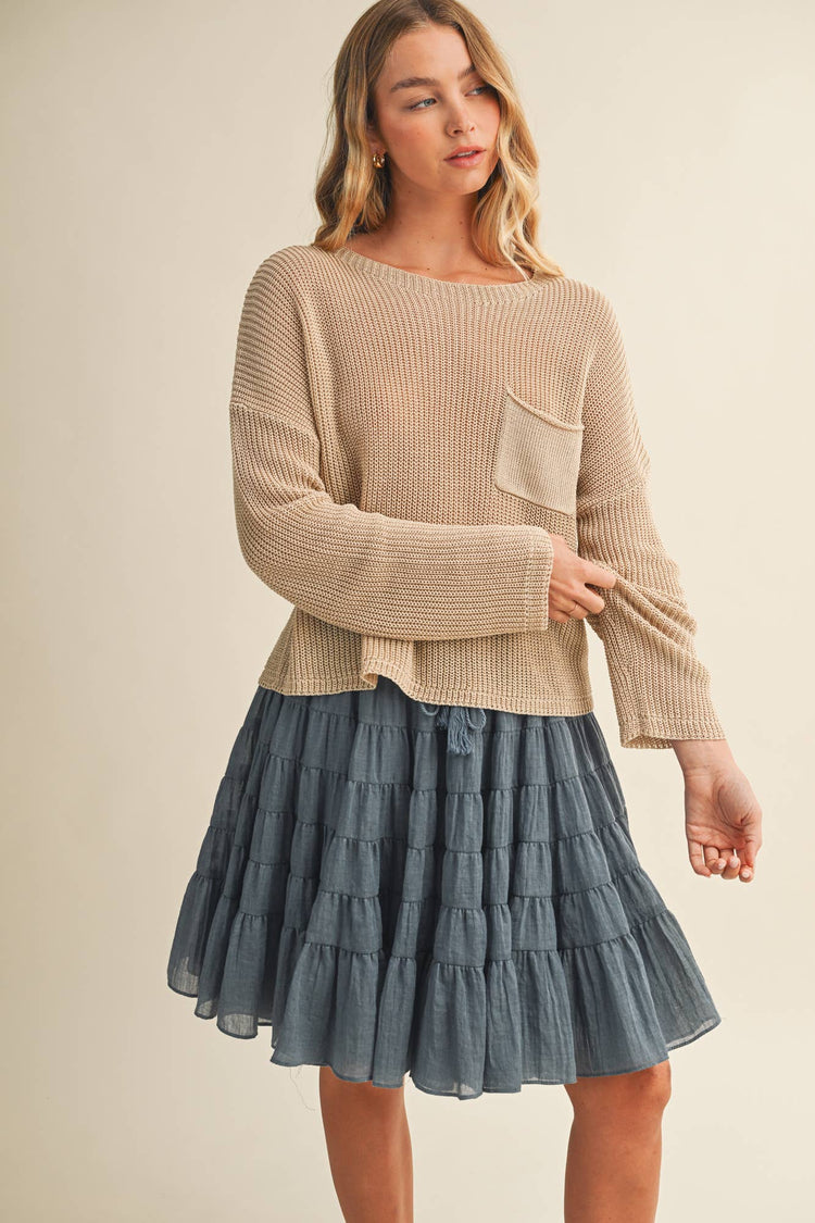 FRONT-POCKET PURL KNIT SWEATER TOP