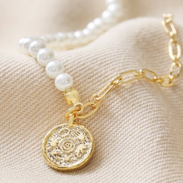 Talisman Charm Pearl and Chain Necklace in Gold