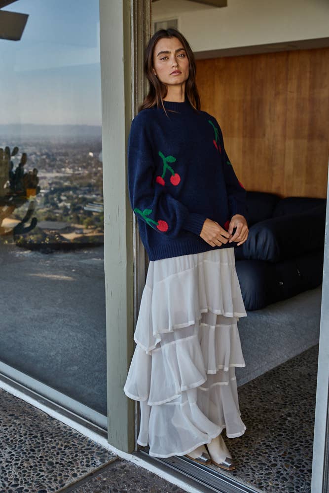 Knit Sweater Acrylic Polyester Spandex Cherry Print