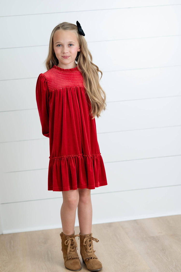 Alexa Red Smocked Velvet Fancy Holiday Party Dress