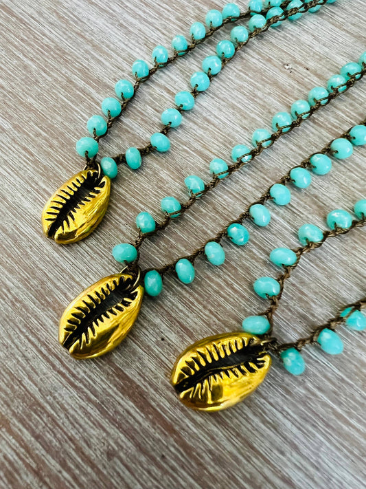 Earthen Beauty Beach Necklace With Golden Cowrie Shell Charm
