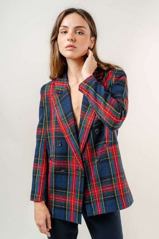 PREPPY HOLIDAY TWEED PADDED SHOULDER PLAID BLAZER
