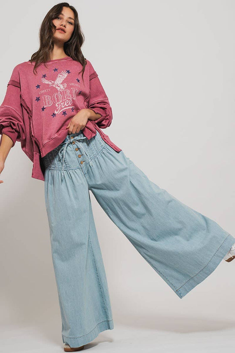 Pleated Wide-Leg Button Closure Pants