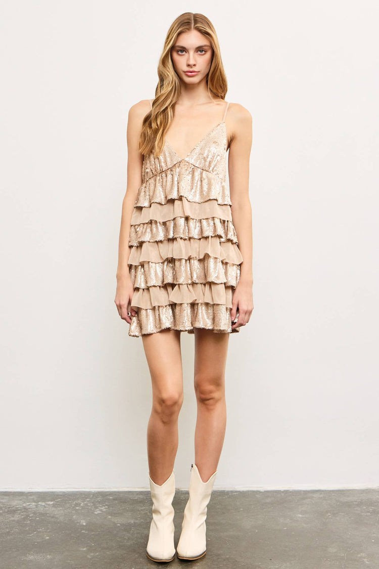 MULTI LAYER TIERED RUFFLE SEQUIN DRESS