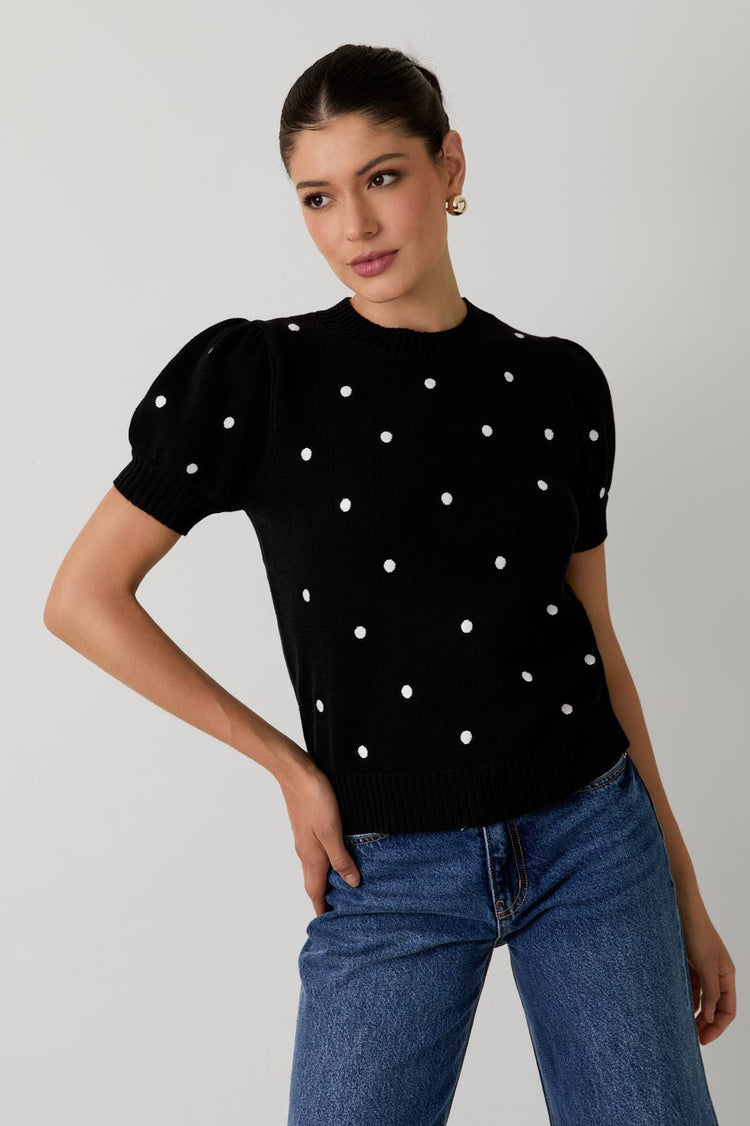 Embroidered Polka Dot Short Puff Sleeve Knit Sweater