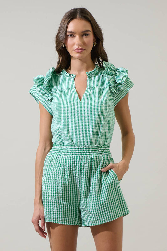 Tamara Checker Ramona Ruffle Split Neck Top