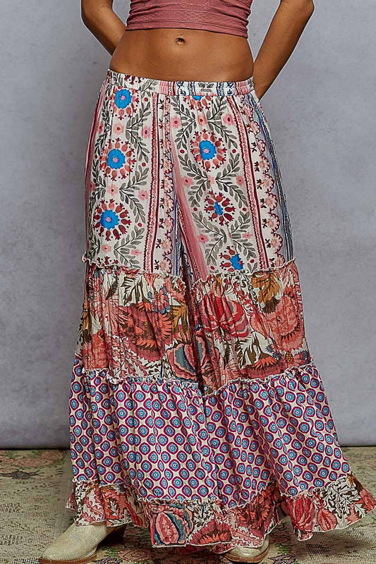 Various pattern printed woven wide fit pants