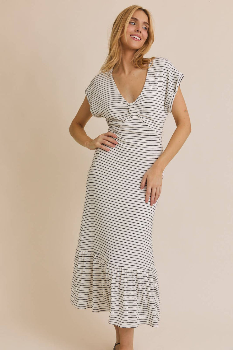 V-NECK SHORT SLEEVE STRIPE DRESS