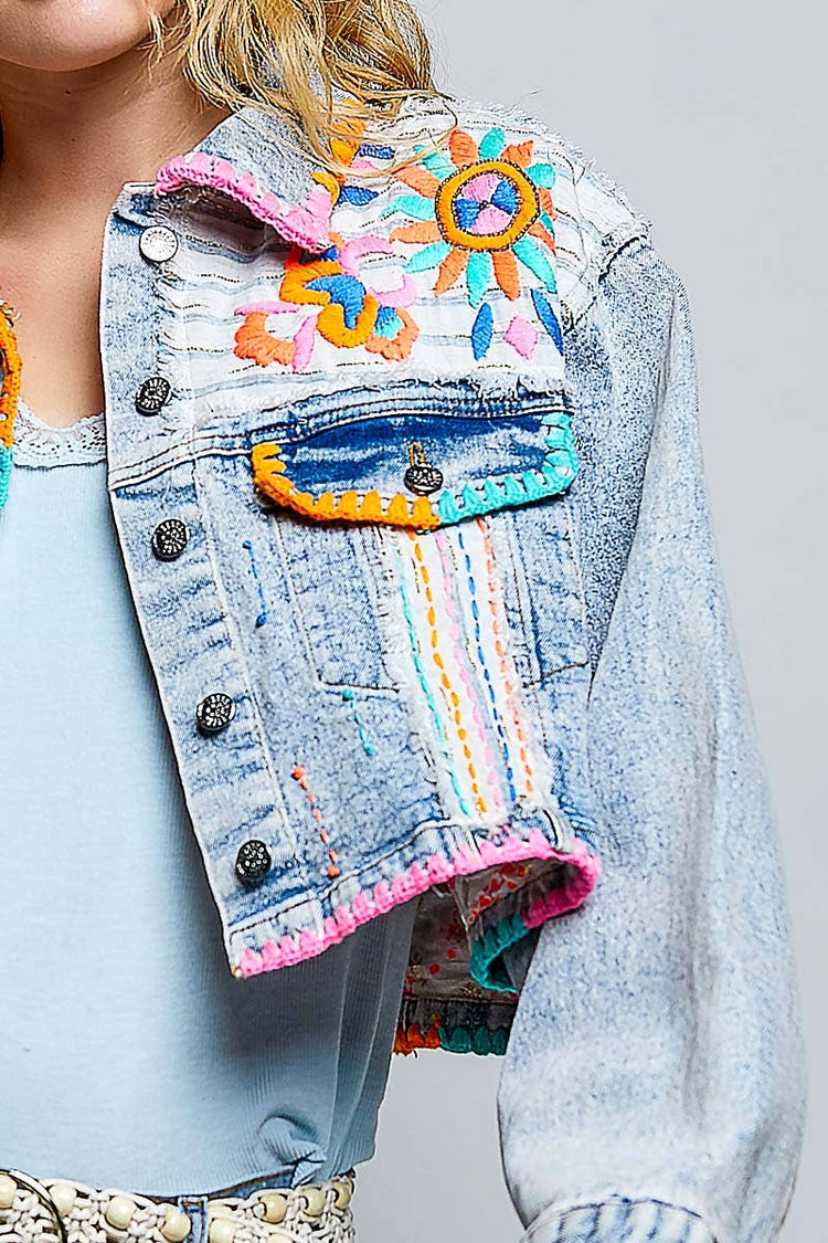 Embroidered Beaded Stripe Panel Cropped Denim Jacket