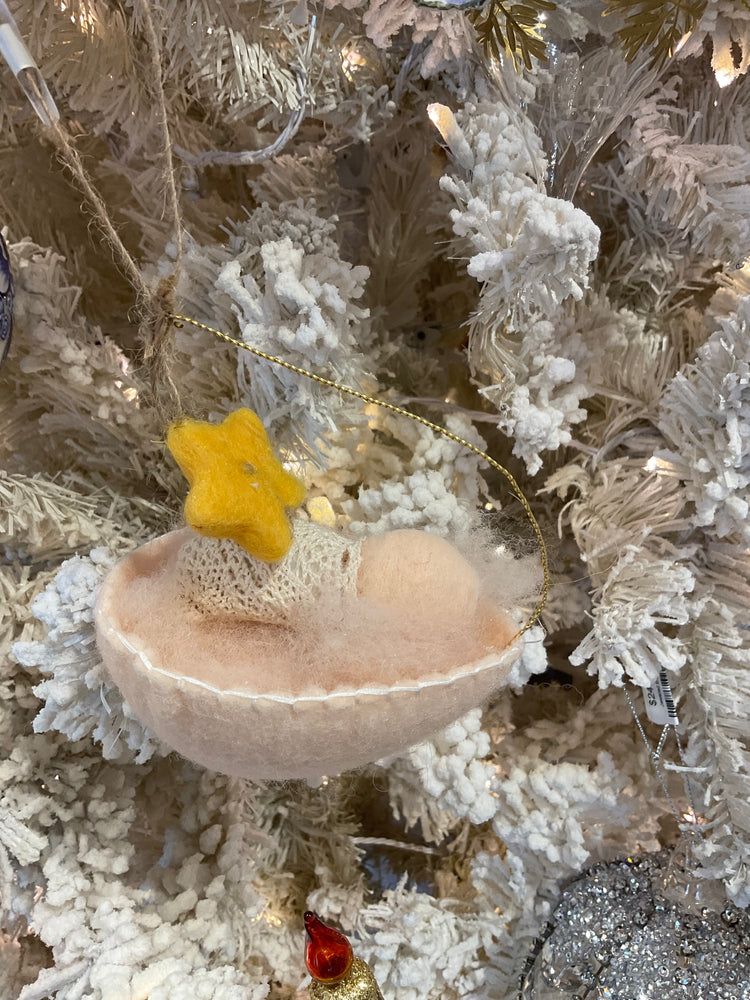 Handmade Wool Felt Baby in a Cradle Ornament