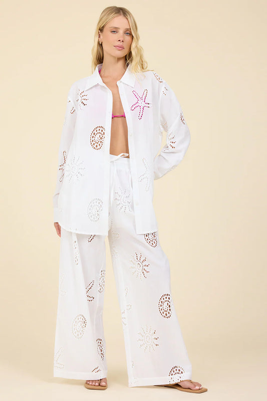 White Ocean Eyelet Wide Leg Pant