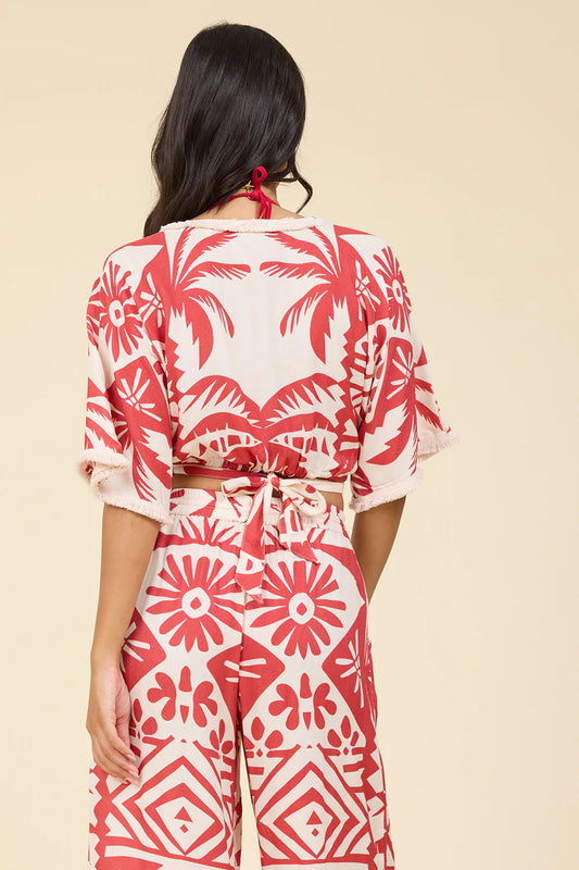 Tribal Oasis Printed Tie Front Top with Fringe