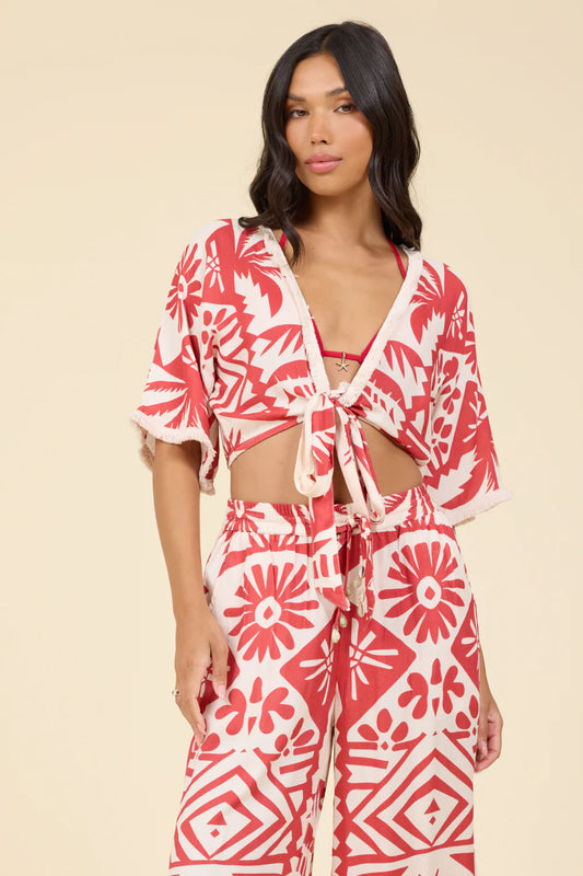 Tribal Oasis Printed Tie Front Top with Fringe