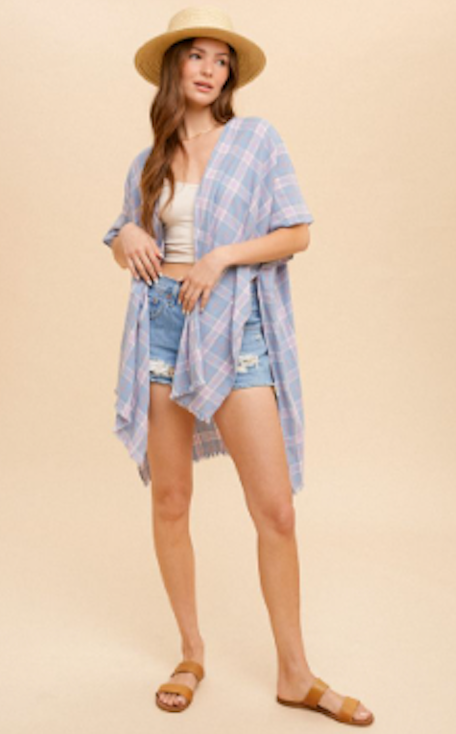 Fringe Hem Plaid Kimono