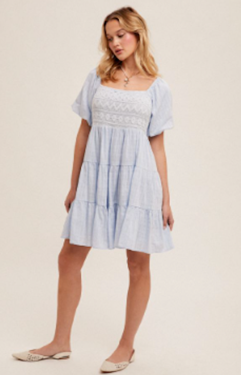 Crochet Contrast Bubble Sleeve Tiered Babydoll Dress