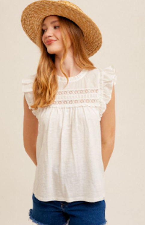 Eyelet Yoke Ruffles Cap Sleeve Top