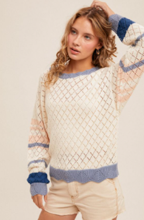 Pointelle Knit Stripe Oversized Dolman Sweater