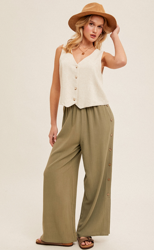 Button Detail Knot Waist Wide Leg Pants