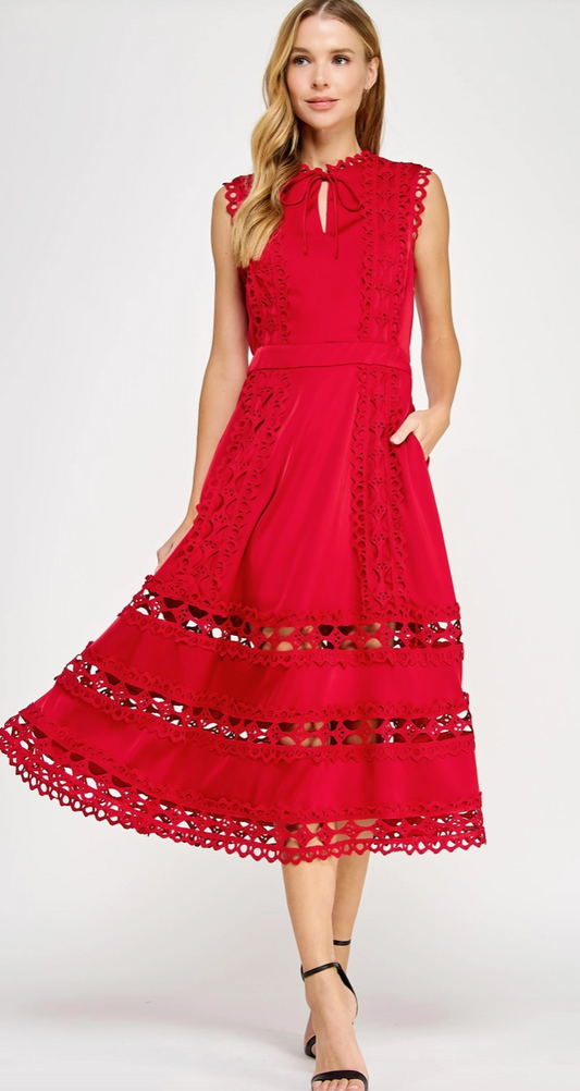 Scallop Edge Trim Red Midi Dress