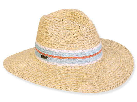 Beige Blue/White/Coral Stripe Detailed Safari Hat