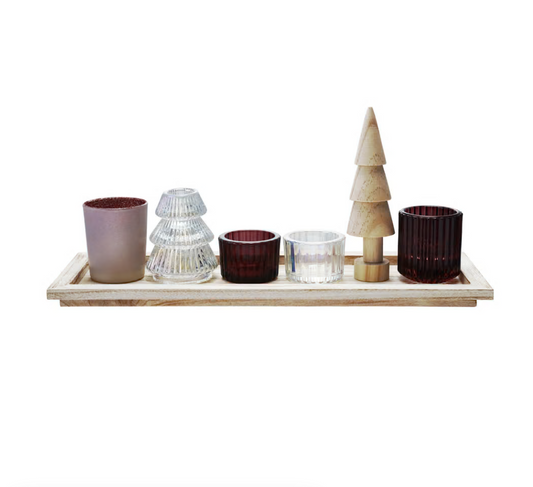 Wood Tray with (4) Votive Holders, Taper Holder & Tree, Set of 7