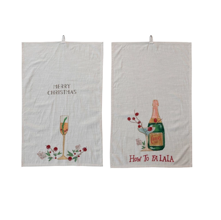 Cotton Slub Printed Tea Towel w/ Holiday Cocktail, Saying & Loop