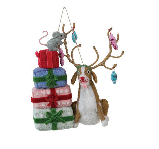 Handmade Wool Felt & Wire Reindeer Dog & Mouse