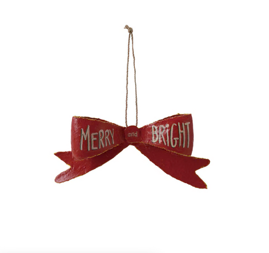 Metal Bow Ornament "Merry and Bright", Gold Finish, Red & White