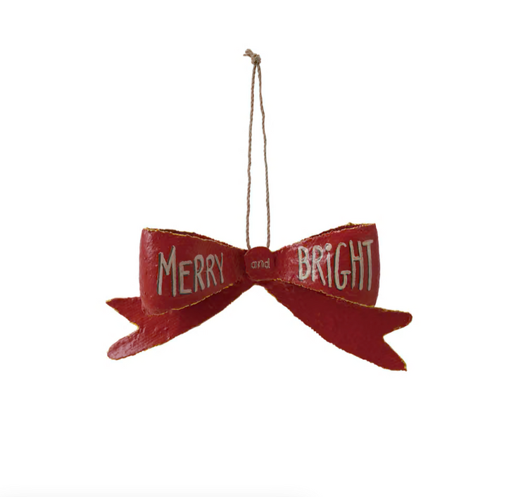 Metal Bow Ornament "Merry and Bright", Gold Finish, Red & White
