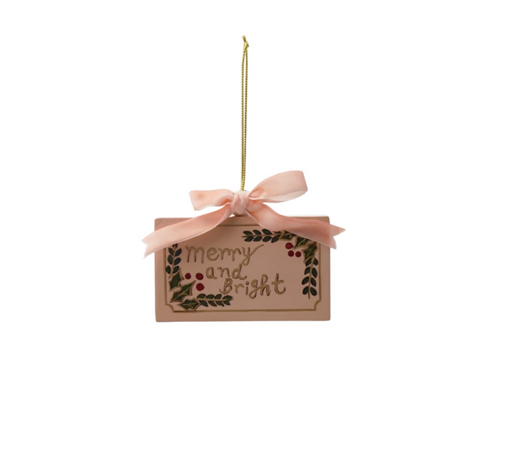 Wood Ornament with Velvet Bow "Merry and Bright"