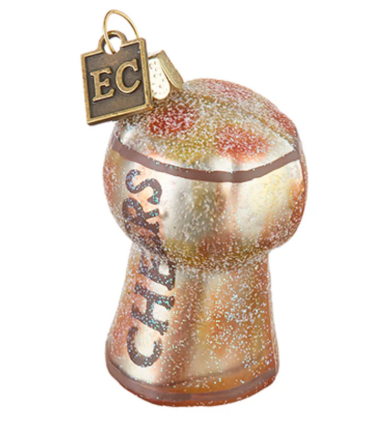 glass champagne cork ornamnet with glitter "cheers"