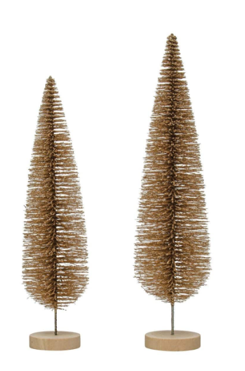 Flocked Plastic Striped Bottle Brush Trees with gold glitter pink
