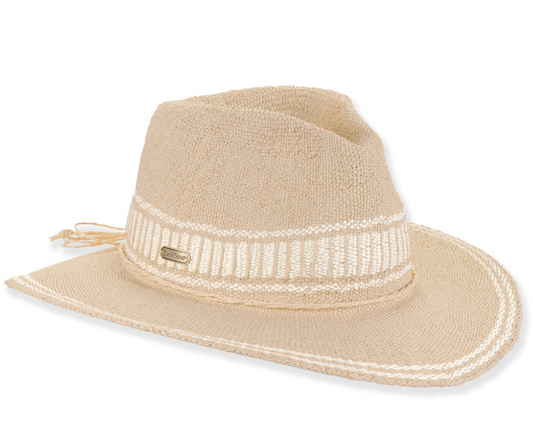 Tan and White Fedora Style Hat with Raffia trim detail