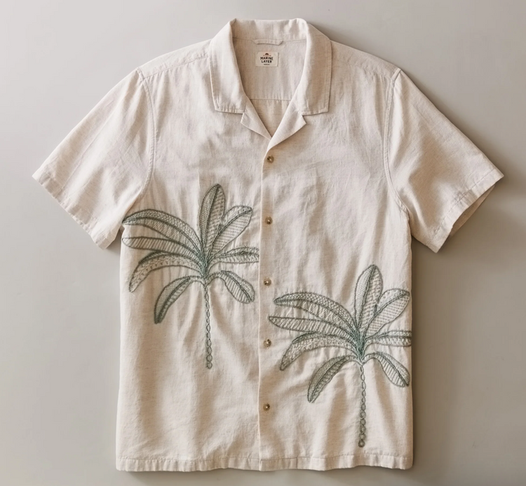 Cream and Green Palm Embroidered Resort Shirt