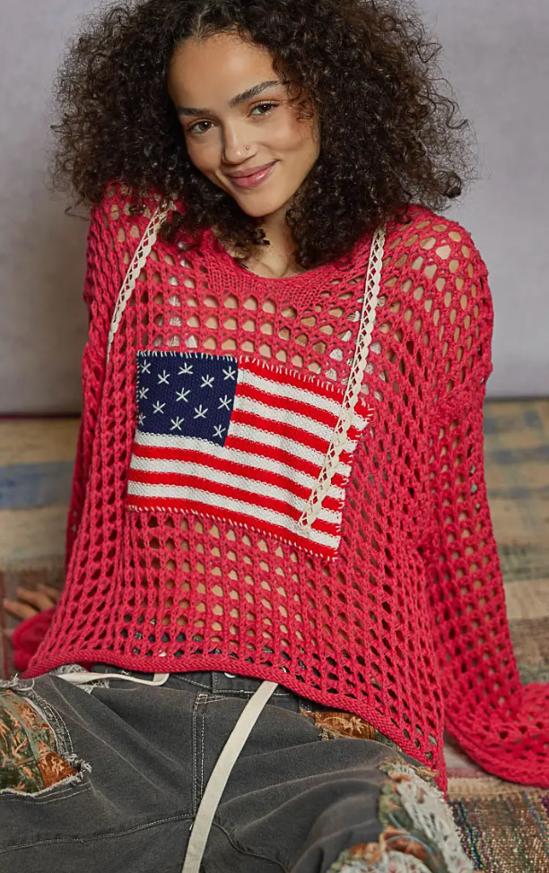 Long sleeve American flag hoodie thin sweater top