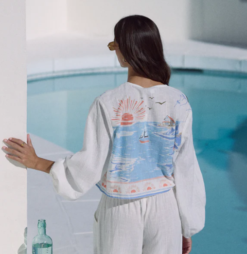 Ocean Front Print Long Sleeve Tie Top